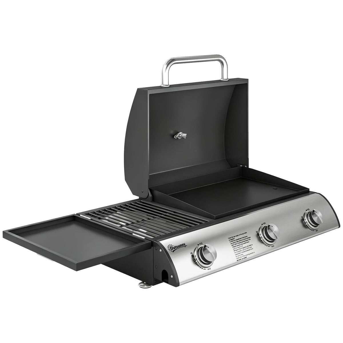 Outsunny 3 Burner Portable Gas Plancha BBQ Grill, 7.5 kW Outdoor Tabletop Gas Barbecue Grill with Griddle, Thermometer,, Black