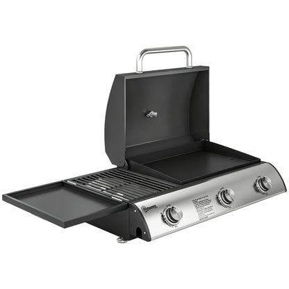 Outsunny 3 Burner Portable Gas Plancha BBQ Grill, 7.5 kW Outdoor Tabletop Gas Barbecue Grill with Griddle, Thermometer,, Black