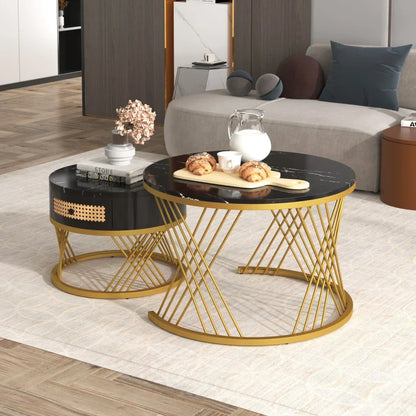 2-in-1 Marble Coffee Table Set with Marble Grain Veneer Top, Rattan Drawers, and Solid Wood Handles, Gold Iron Legs, 70x70x45.5 cm + 50x50x38.5 cm, Black+Gold