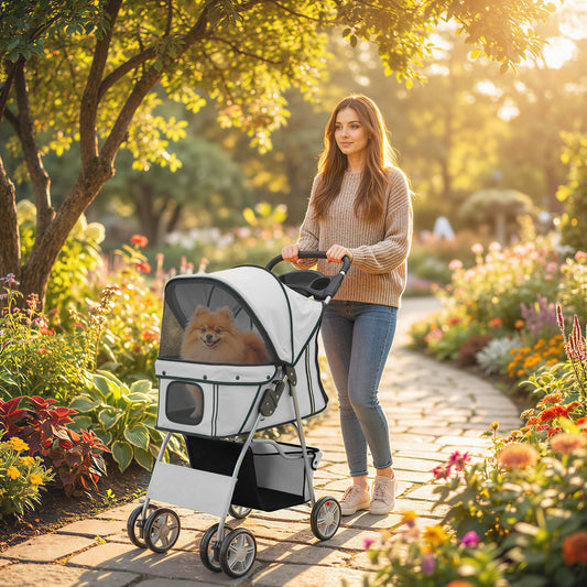 PawHut Dog Pram, Pet Stroller with Reflective Strips, Foldable Cat Stroller with 360Â° Swivel Wheels, Grey