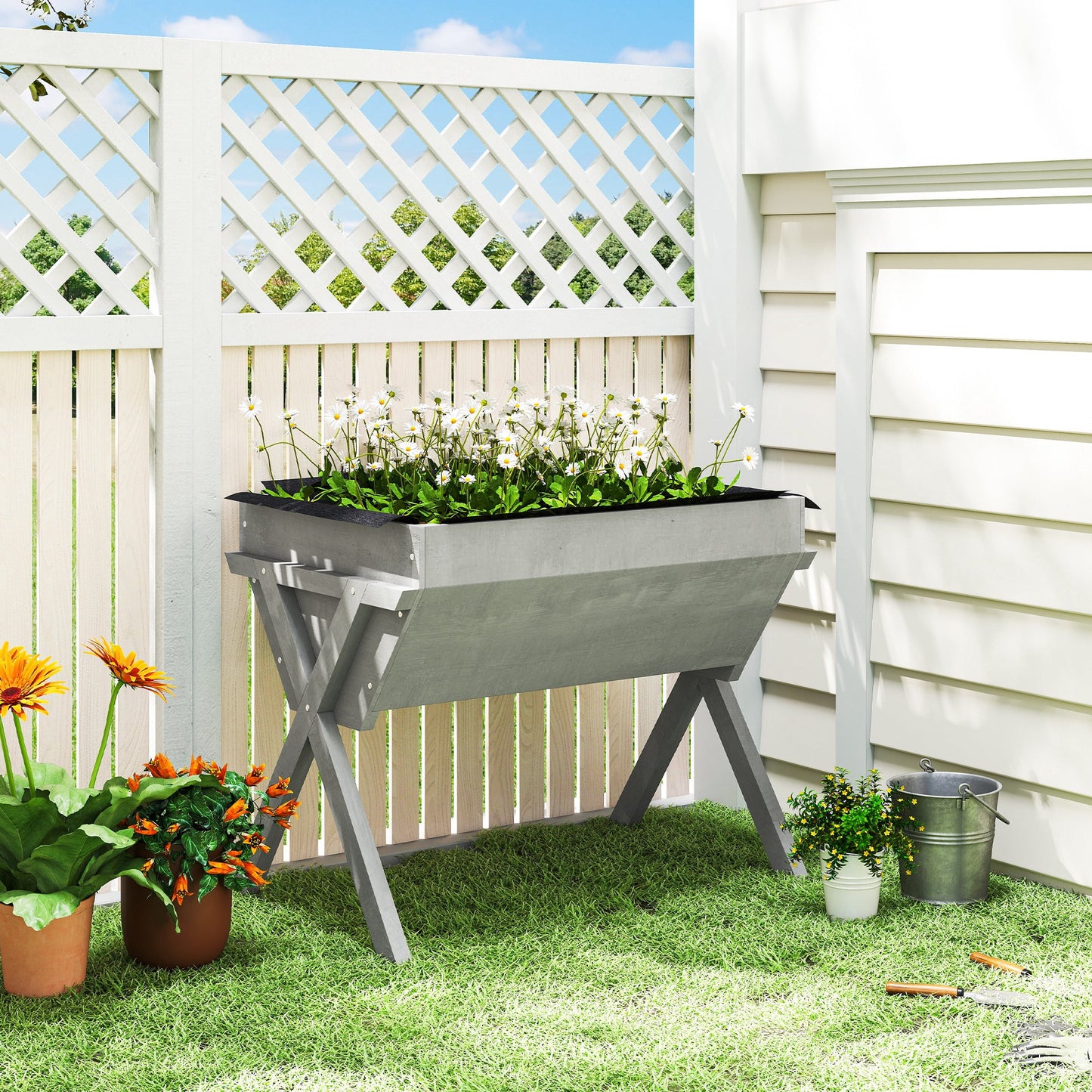 Outsunny Wooden Raised Garden Bed with Bed Liner, Elevated Planter Box with Legs, Light Grey