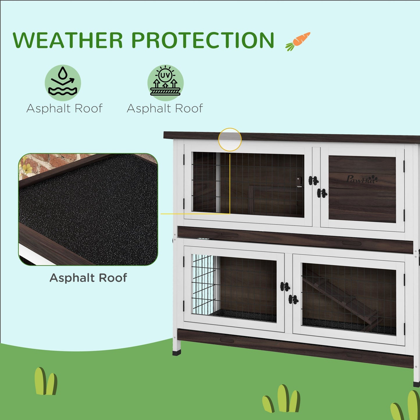 PawHut 2 Tiers Rabbit Cage Outdoor Guinea Pig Hutch with Sliding Trays, Asphalt Roof, No Screws Installation, for 1-2 Rabbits