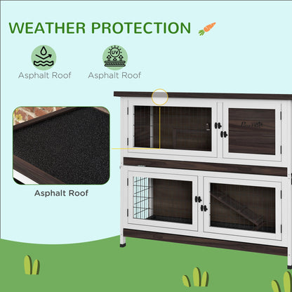 PawHut 2 Tiers Rabbit Cage Outdoor Guinea Pig Hutch with Sliding Trays, Asphalt Roof, No Screws Installation, for 1-2 Rabbits