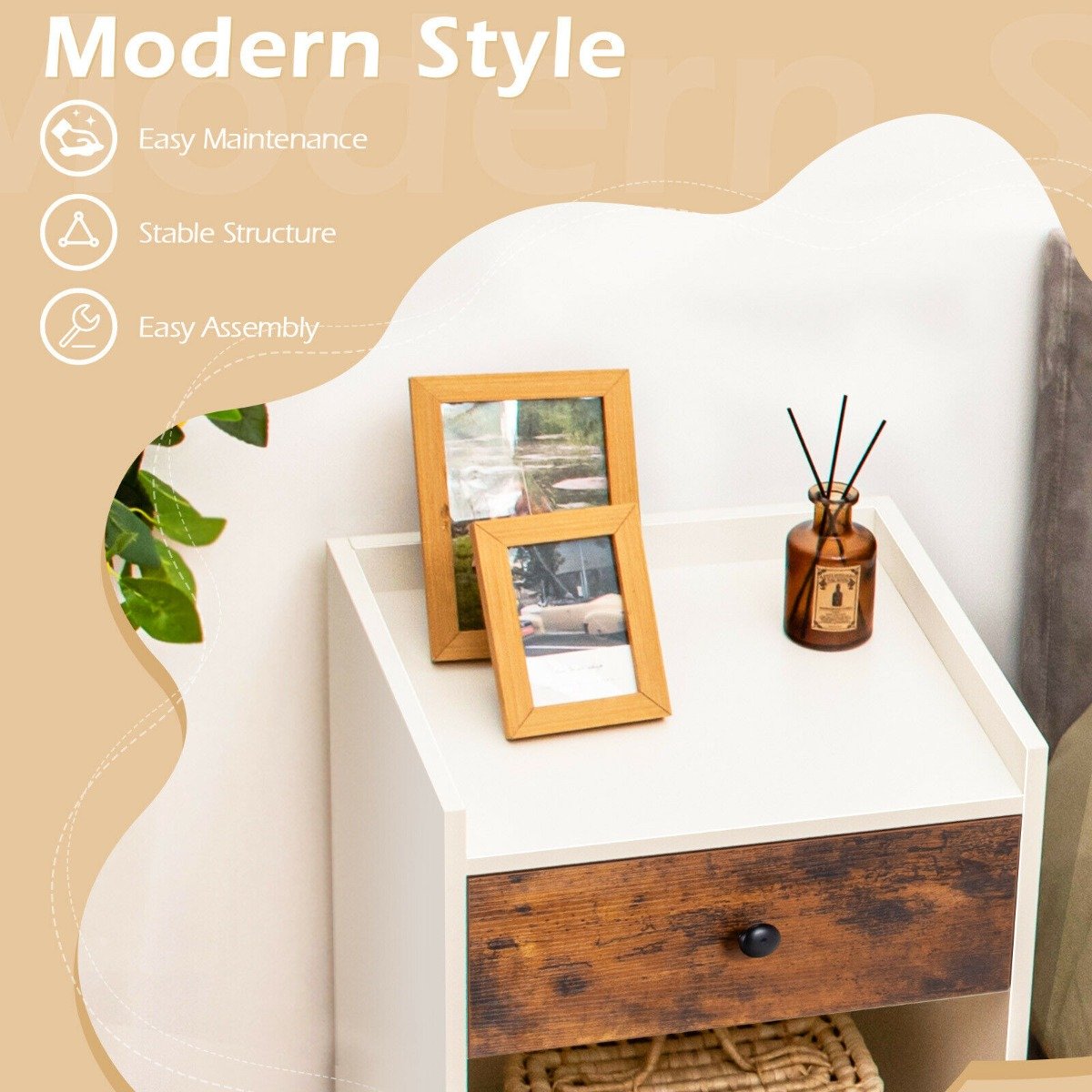 Set of 2 Bedside Table with a Drawer and Open Shelf-WHite