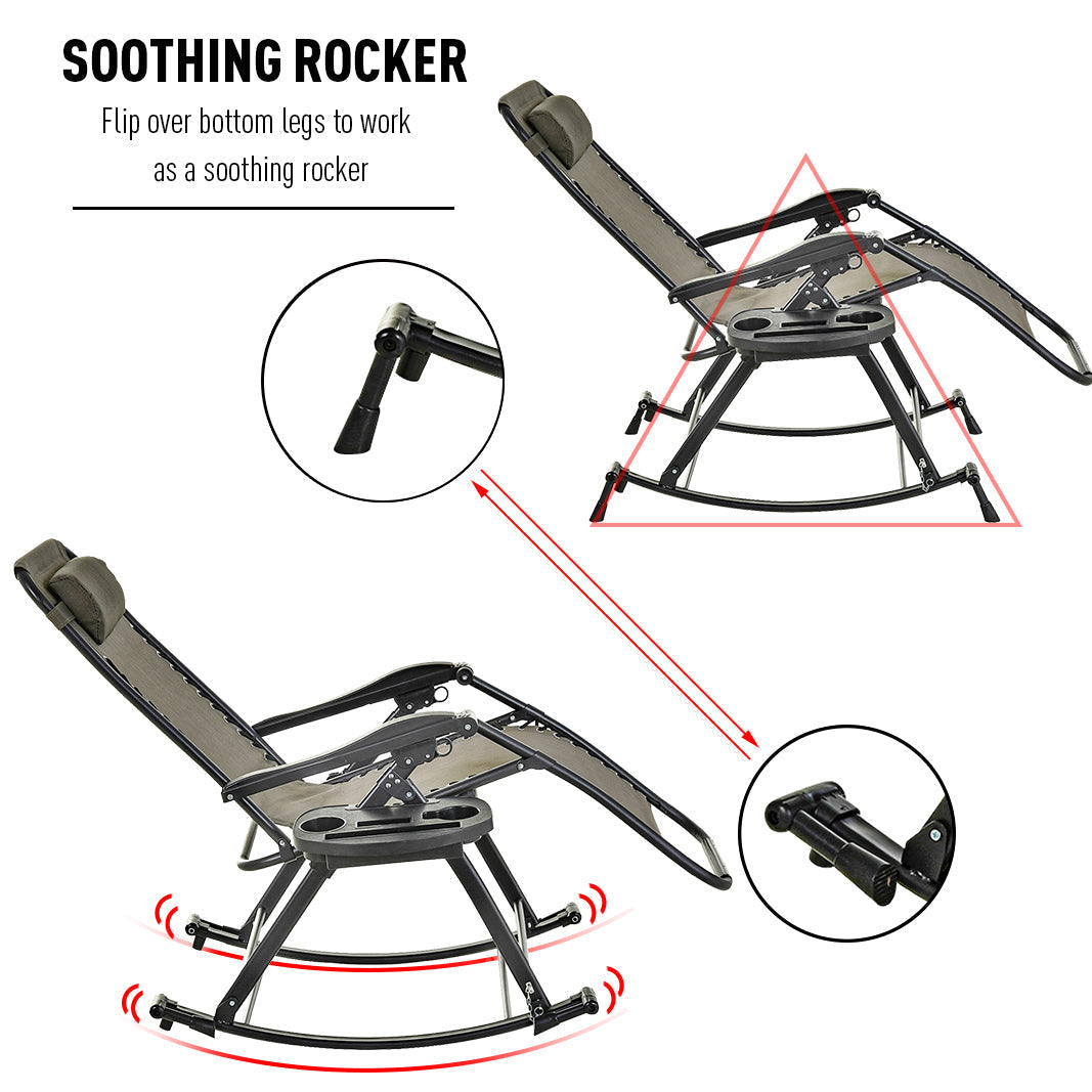 كرسي هزاز للحديقة من Outsunny كرسي قابل للطي في الهواء الطلق قابل للتعديل كرسي هزاز للشمس بدون جاذبية مع مسند للرأس وحامل جانبي وسطح فناء - رمادي