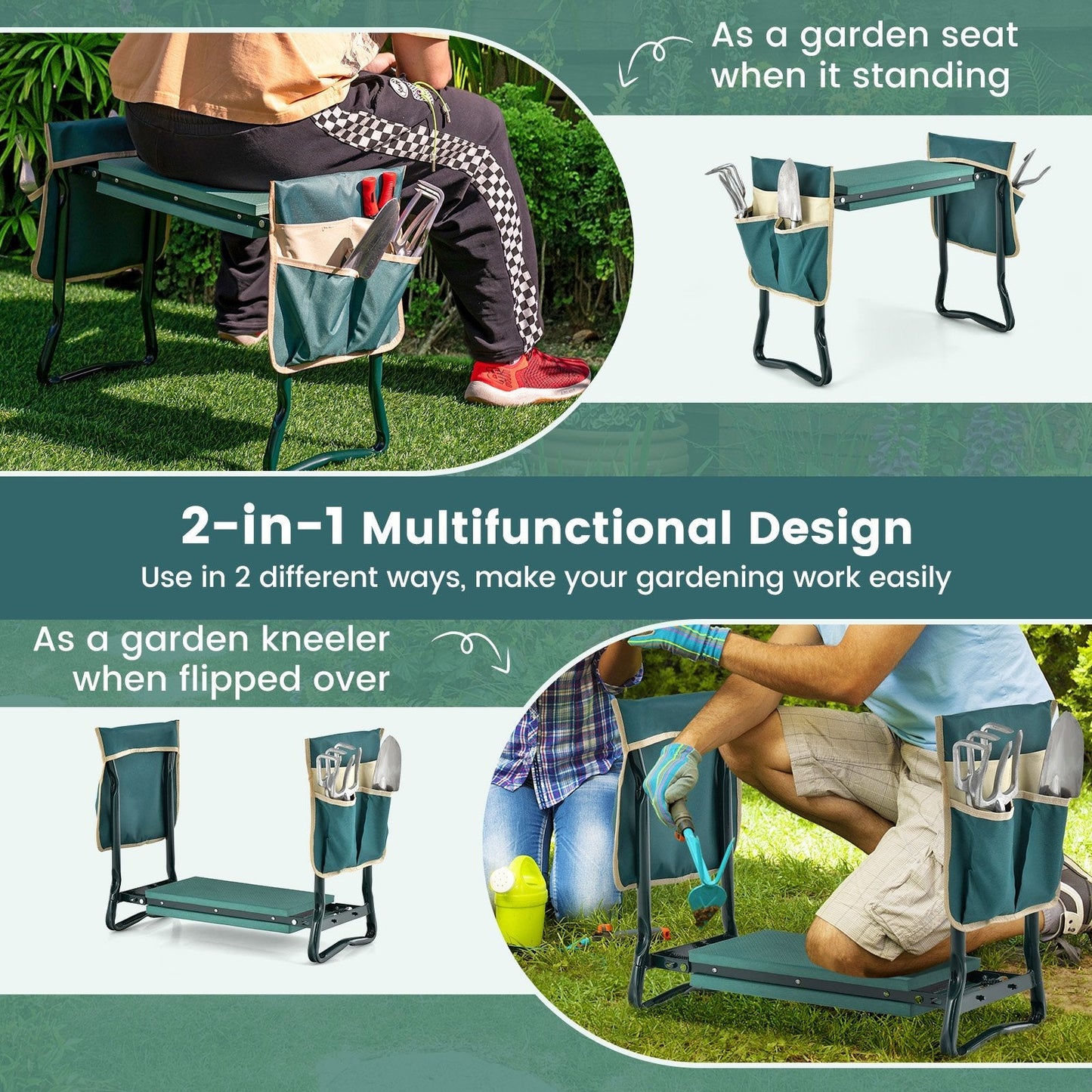 2-in-1 Foldable Garden Kneeler and Seat with Tool Pouches