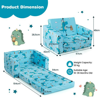 2-in-1 Toddler Fold-Out Couch Convertible Sofa with Side Pockets-Blue
