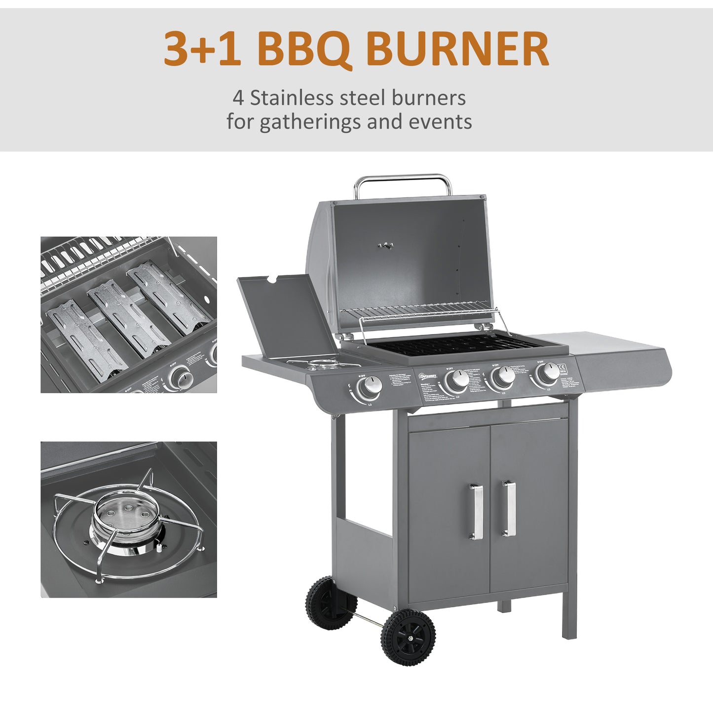 Outsunny 3+1 palnikowy grill gazowy, wózek do grilla na zewnątrz z kółkami, ruszt do podgrzewania, półki boczne, szafka, termometr do ogrodu, na imprezę, kemping, 110L x 50W x 100Hcm, szary