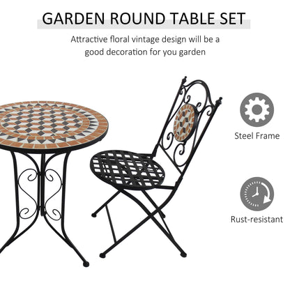 Outsunny 3 Piece Garden Mosaic Bistro Set Outdoor Patio 2 Folding Chairs & 1 Round Table  Outdoor Metal Furniture Vintage