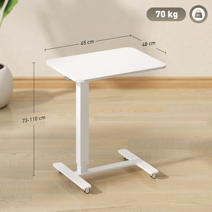HOMCOM Height Adjustable Standing Desk, Pneumatic Sit Stand Desk for Laptop, Mobile Overbed Table with Wheels for Home Office, White