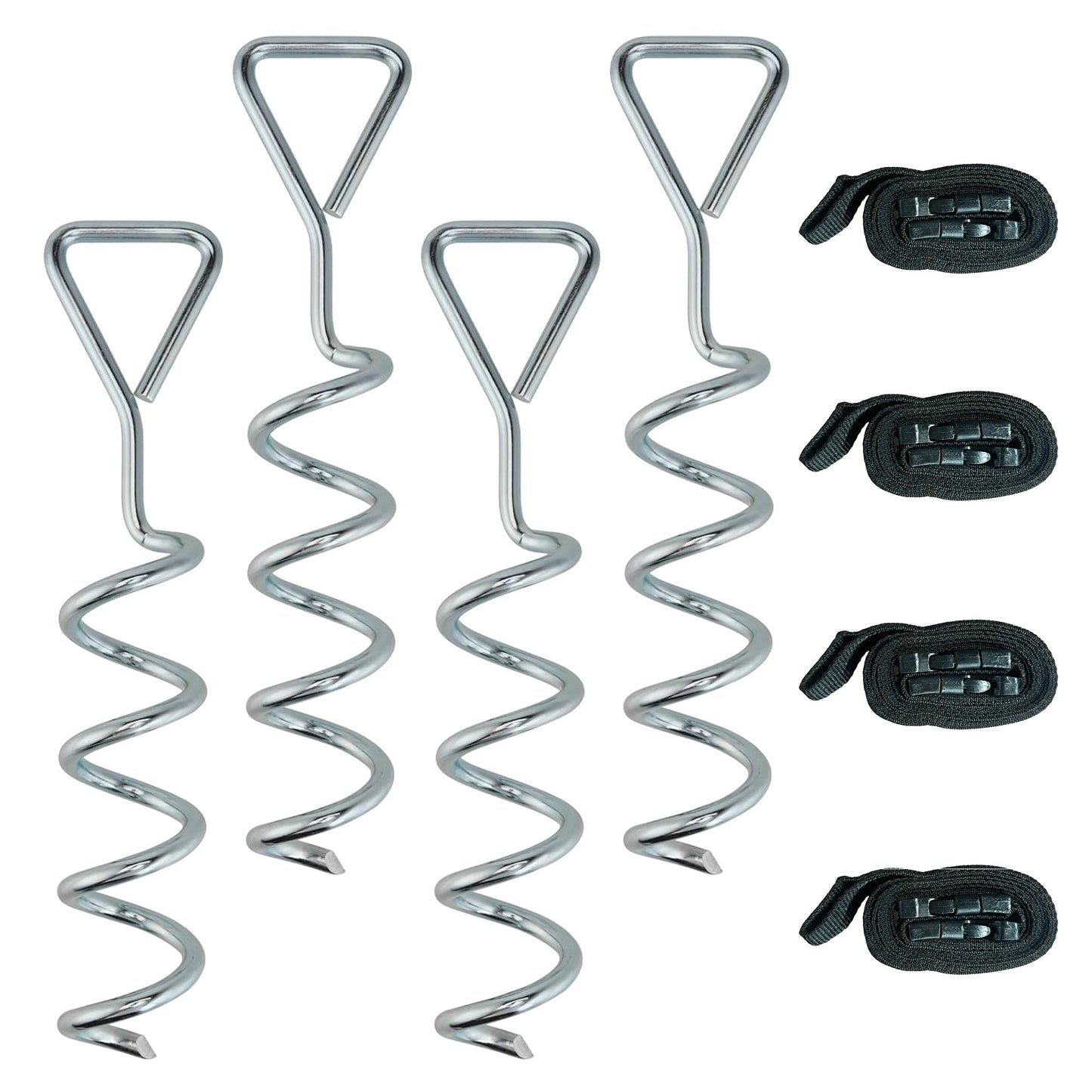 SPORTNOW 4Pcs Trampoline Anchor Kit, 32 cm Galvanised Trampoline Stakes, Spiral Ground Anchors with Triangle Head, Straps