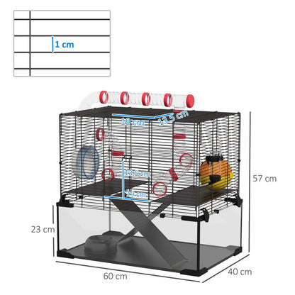 قفص الهامستر القزم من PawHut Gerbil، مع قاع زجاجي عميق، وأنفاق، وكوخ، وعجلة تمرين، 60 × 40 × 57 سم