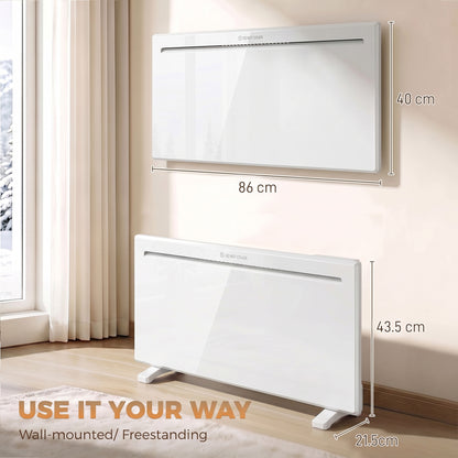 HOMCOM Smart Panel Heater Wall Mounted/Freestanding, Electric Heater with Weekly Timer, Open Window & Anti-Frost, 2000W, White