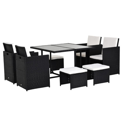 Outsunny 9 Piece Garden Rattan Dining Set Outdoor Patio Dining Table Set Weave Wicker 8 Seater Stool Black