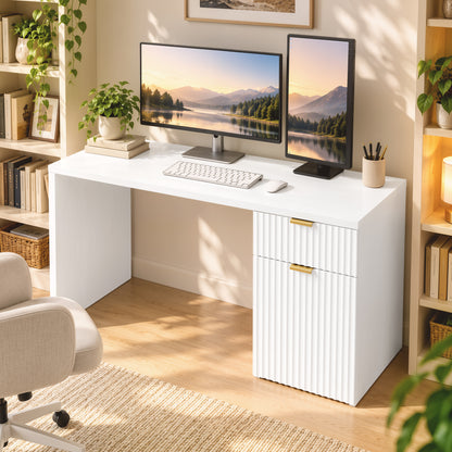 HOMCOM Computer Desk with Drawer, 120 cm Reversible Office Desk, Cabinet, Adjustable Shelf, Thick Top, White