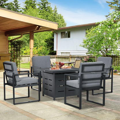 Outsunny 5-Piece Aluminium Garden Furniture Sets, 4 Seater Outdoor Conversational Dining Set with Gas Fire Pit Table Cushions for Yard, Poolside, Patio, Grey