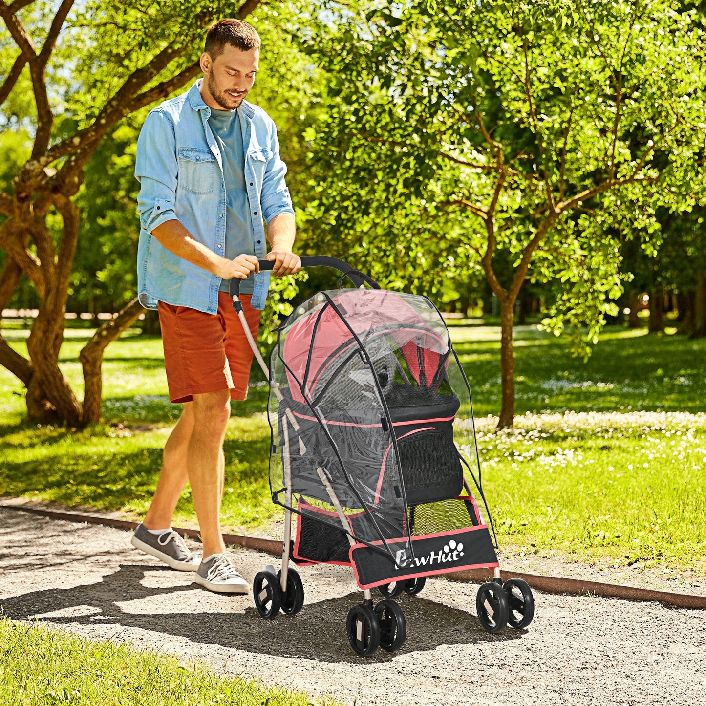 PawHut Detachable Pet Stroller with Rain Cover, 3 In 1 Cat Dog Pushchair, Foldable Carrying Bag w/ Universal Wheels, Brake, Canopy, Basket, Storage Bag for Small and Tiny Dogs - Red