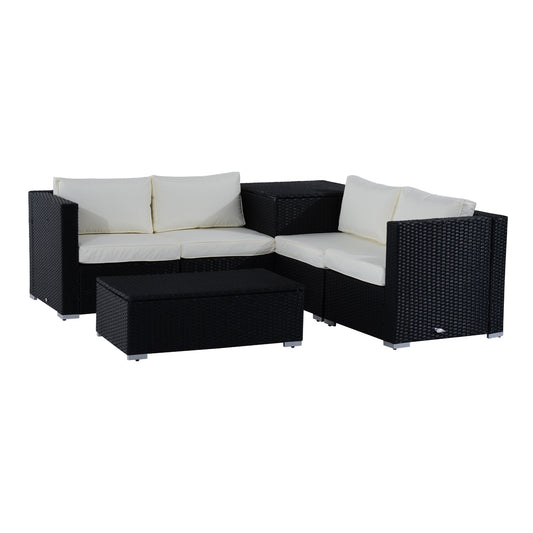 Outsunny 4-Seater Rattan Garden Corner Sofa Set Wicker Weave Furniture With Cushion Black