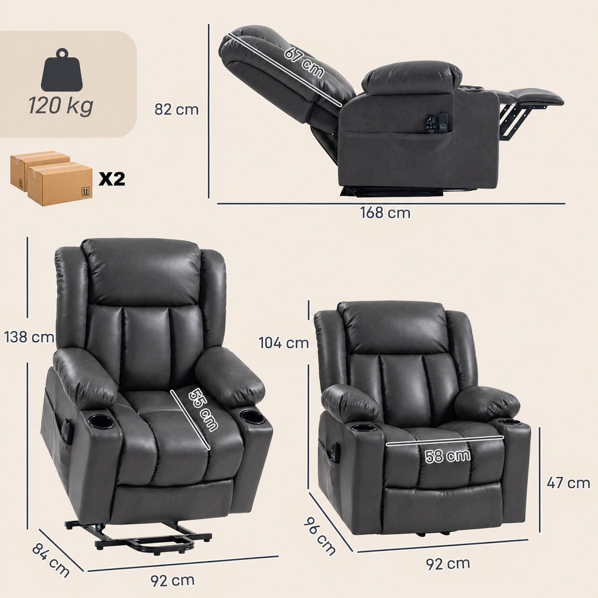 HOMCOM Riser Recliner Chair with Massage and Heat for Elderly, PU Leather Power Electric Lift Armchair, Cup Holders, Dark Grey