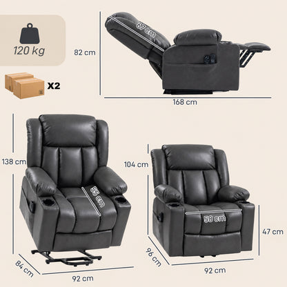 HOMCOM Riser Recliner Chair with Massage and Heat for Elderly, PU Leather Power Electric Lift Armchair, Cup Holders, Dark Grey