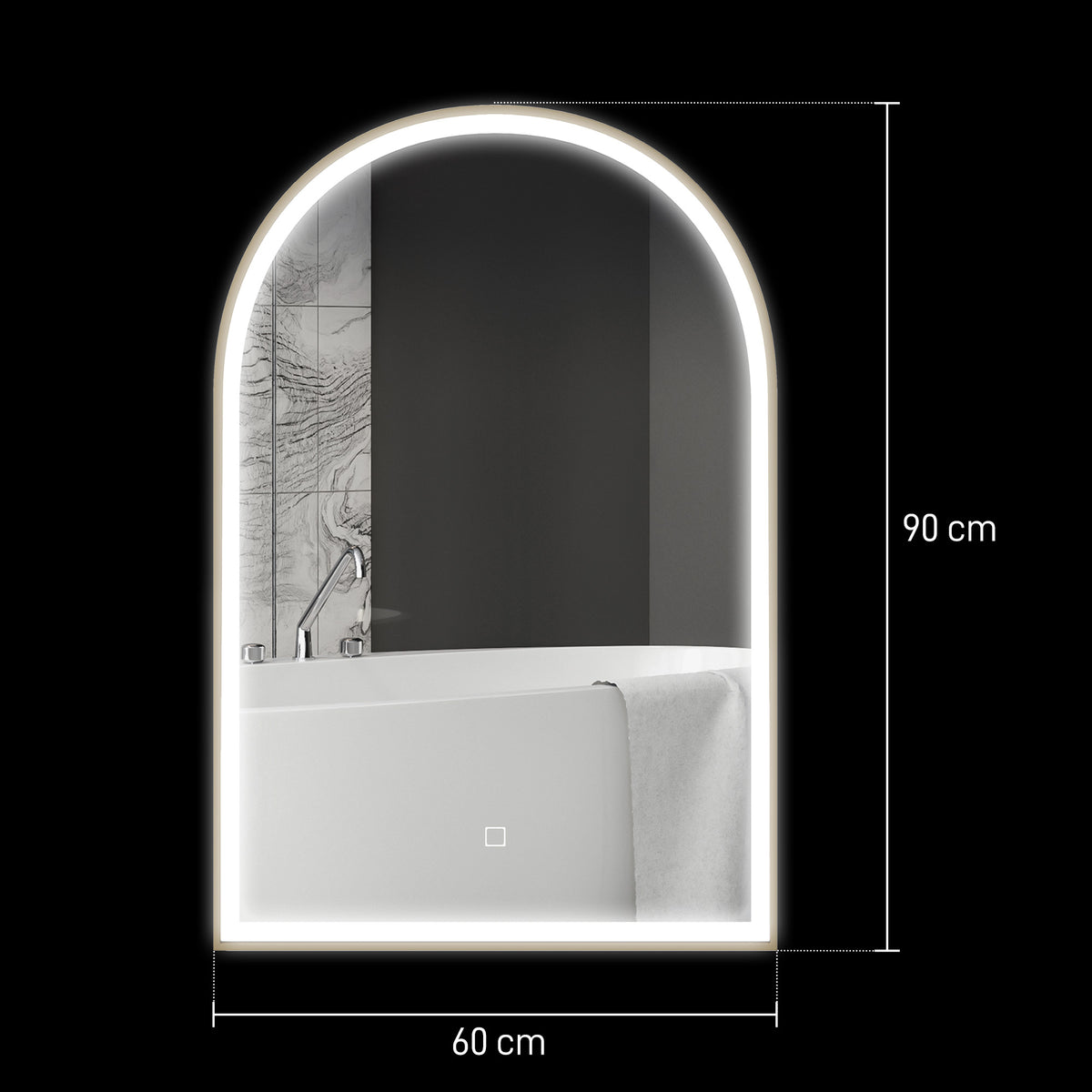 HOMCOM 90 x 60 cm Bathroom Mirror with LED Lights, Anti-Fog Arched Vanity Mirror with 3 Colour Dimmable, Gold Tone