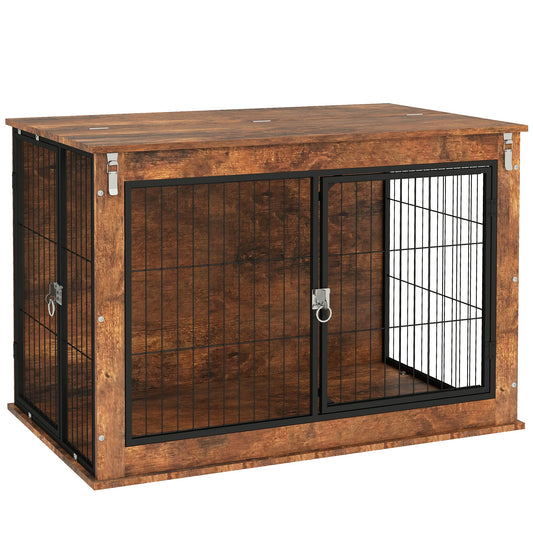 PawHut Dog Crate Furniture z podnoszonym dachem, 2 drzwi, dla dużych psów, 98 x 60 x 65,5 cm, rustykalny brąz