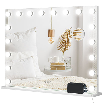 Lustro do makijażu HOMCOM Hollywood z oświetleniem, duże 80x62 cm podświetlane z 3 kolorami, 18 żarówkami LED, 10-krotnym powiększeniem, portem ładowania USB, ekranem dotykowym, do postawienia na stole lub do montażu na ścianie, białe