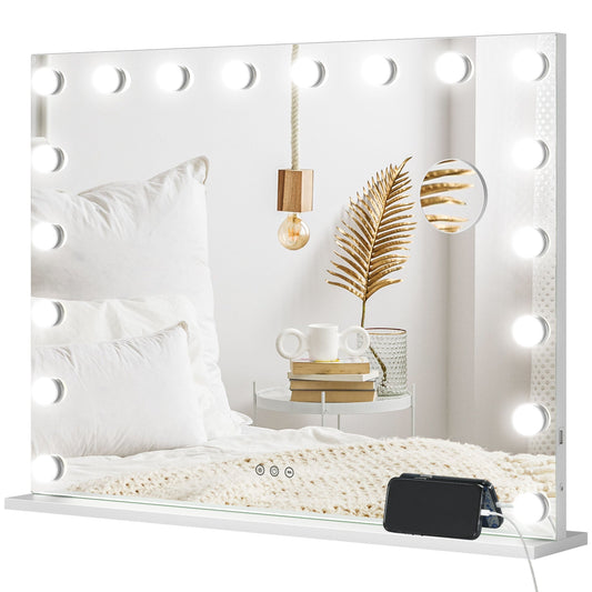 Lustro do makijażu HOMCOM Hollywood z oświetleniem, duże 80x62 cm podświetlane z 3 kolorami, 18 żarówkami LED, 10-krotnym powiększeniem, portem ładowania USB, ekranem dotykowym, do postawienia na stole lub do montażu na ścianie, białe
