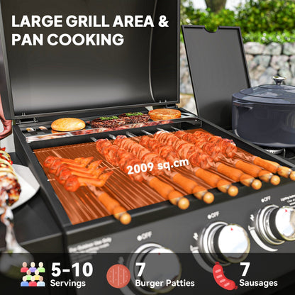 Outsunny 3+1 Burner Gas BBQ Grill with Storage Cabinet and Shelves, 9.5 kW Gas Barbecue Trolley with 6 Castor Wheels, Warming Rack, Thermometer for Outdoor Cooking Garden Party, Black