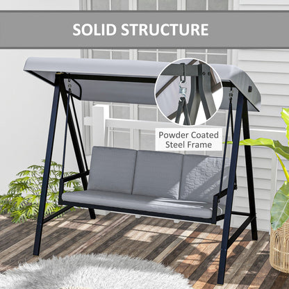 Outsunny 3 Seater Garden Swing Chair, Outdoor Hammock Bench with Adjustable Canopy, Removable Cushions and Steel Frame, Grey