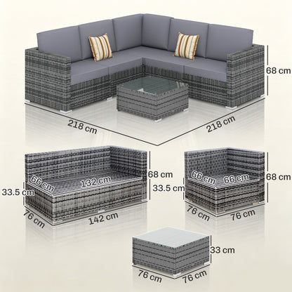 Outsunny Luxury 5 Seater Rattan Garden Furniture Set, 4 Pieces Outdoor Patio Conversation Set with Wide Seats, 220gsm Polyester Cushions, Tempered Glass Table, Corner Sofa, Loveseat, Grey
