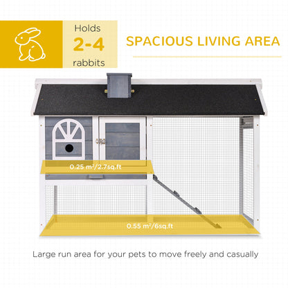 PawHut Wooden Rabbit Hutch and Run with Sliding Tray, Ramp, Water-resistant Roof, for 2-4 Rabbits, Grey