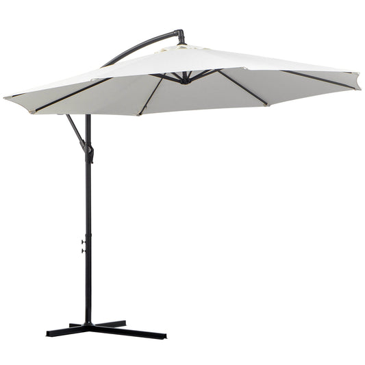 Outsunny 3(m) Garden Banana Parasol Hanging Cantilever Umbrella with Crank Handle, 8 Ribs and Cross Base for Outdoor, Sun Shade, Cream White