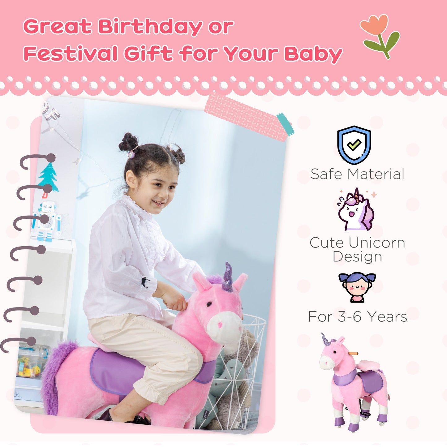 Ride On Unicorn Walking Horse Toy with Wheels Mechanical Rocking Pony Gift for 3-6 Years Girls Boys Pink