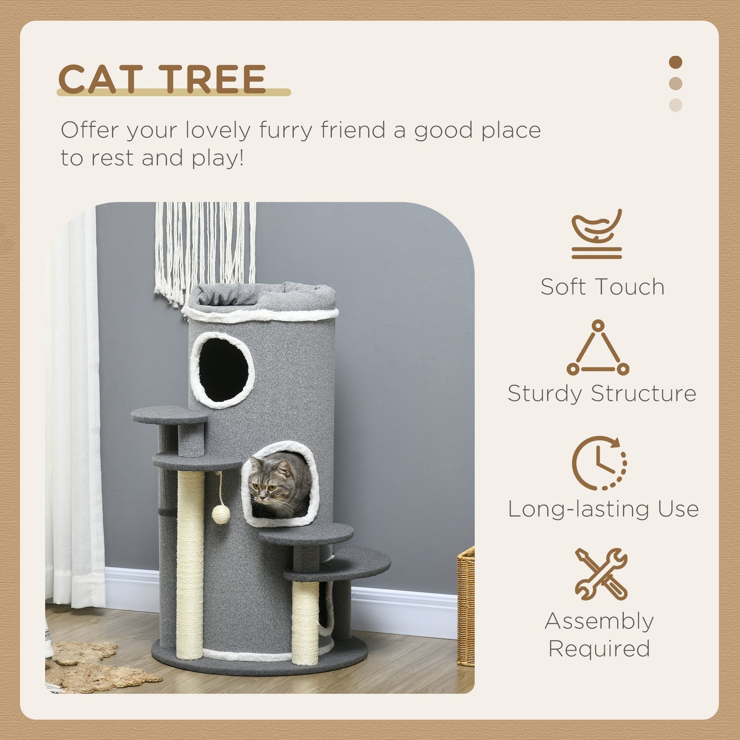 PawHut Barrel Shaped Cat Tree with Sisal Scratching Posts, Cat Bed, Platforms, Hanging Ball, Grey, Grey