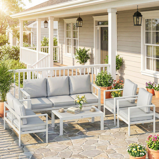 Outsunny 5 Pieces Aluminium Garden Furniture Set with Olefin Cushions, Extra Deep Outdoor Garden Sofa Set, White