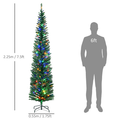 HOMCOM 7.5' Artificial Prelit Christmas Trees Holiday D√É¬©cor with Colourful LED Lights, Pencil Shape, Steel Base