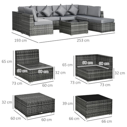 Zestaw mebli ogrodowych Outsunny z 8 narożnymi sofami z rattanu PE, zestaw mebli ogrodowych, sofa z wikliny ogrodowej z poduszką, zmywalnym pokrowcem na poduszkę i stolikiem ze szkła hartowanego, kolor szary
