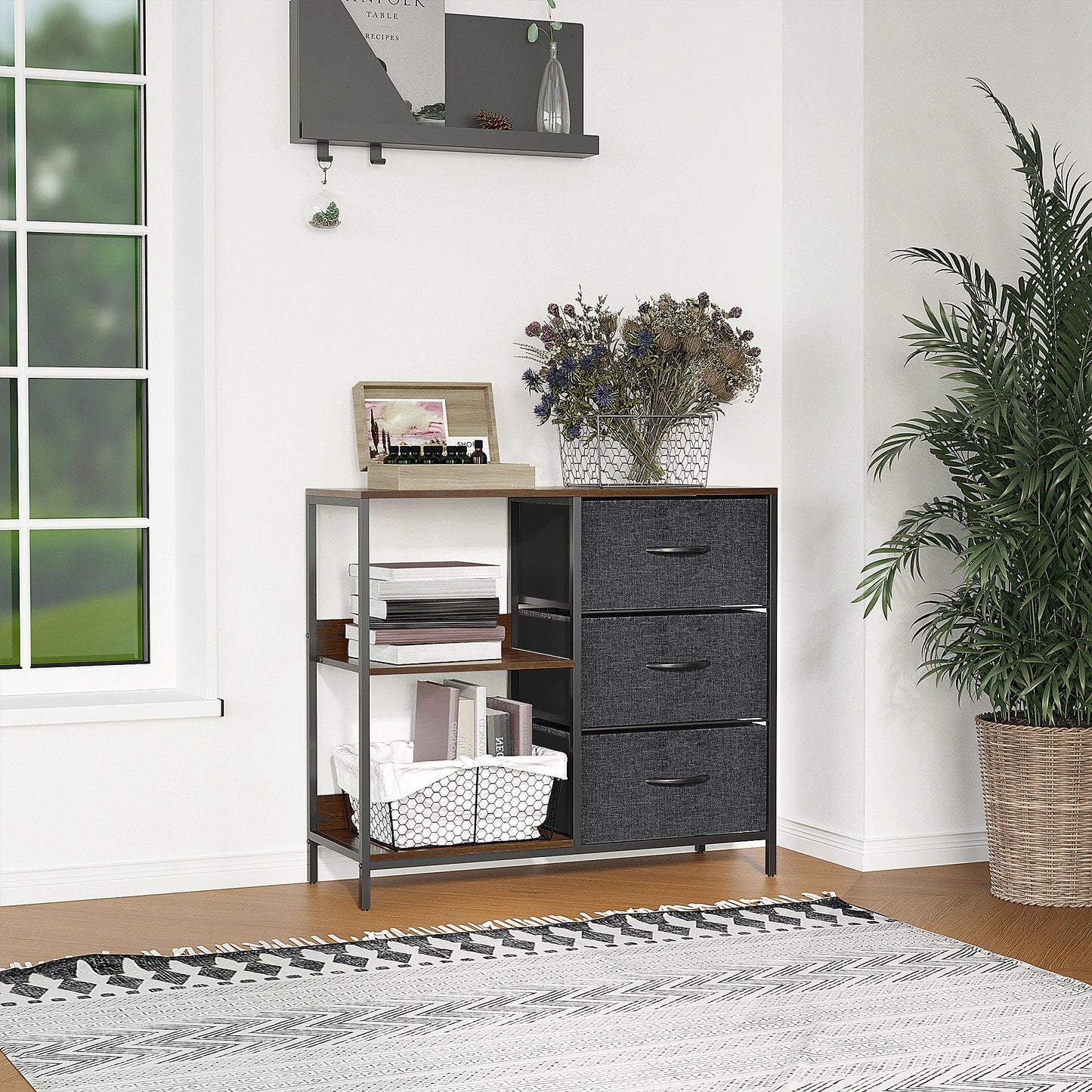 HOMCOM Chest of Drawers Storage Dresser Cabinet Organizer with 3 Fabric Drawers and 2 Display Shelves for Living Room, Bedroom, Hallway, Black