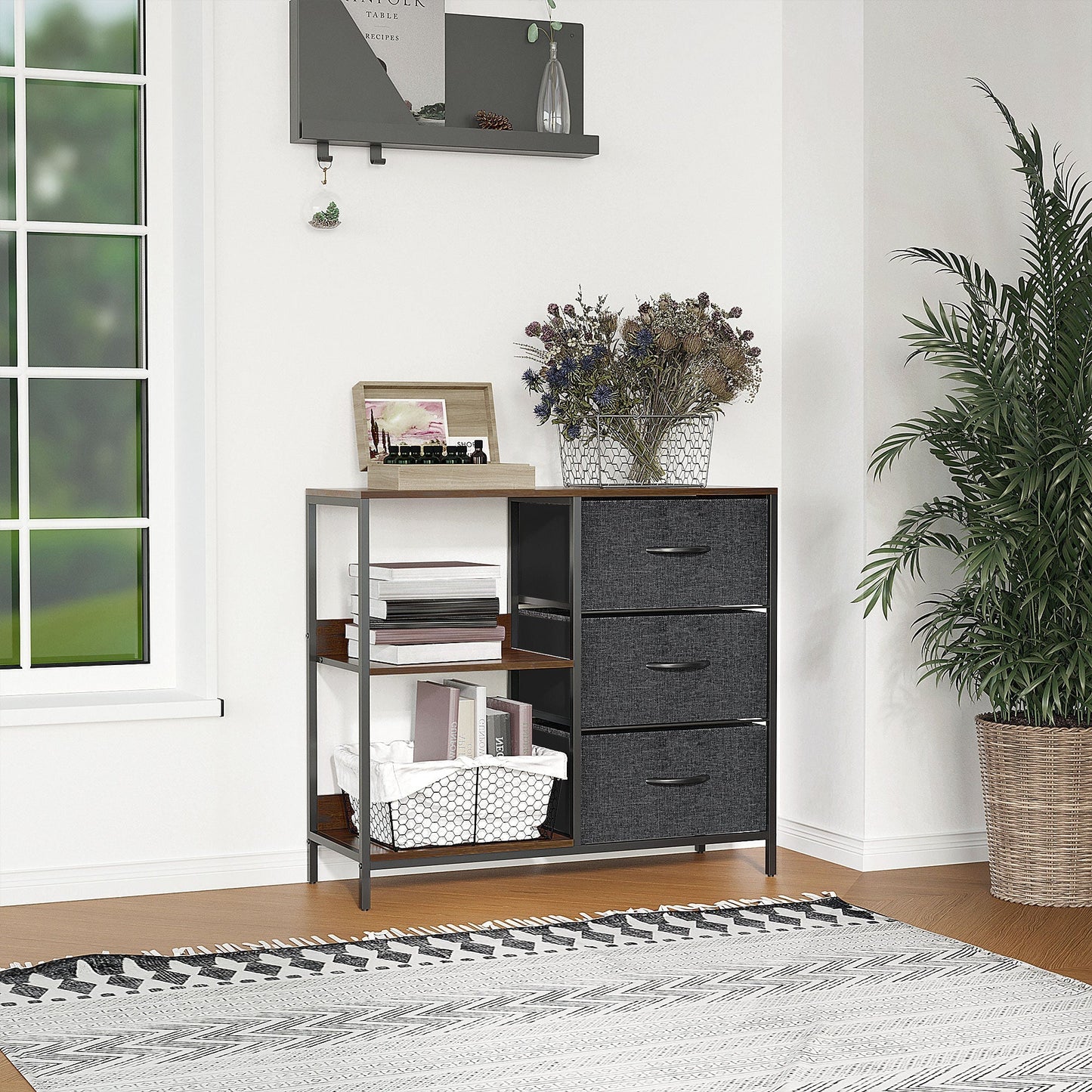 HOMCOM Chest of Drawers Storage Dresser Cabinet Organizer with 3 Fabric Drawers and 2 Display Shelves for Living Room, Bedroom, Hallway, Black