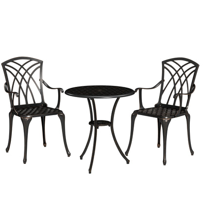 Outsunny 3 Pieces Garden Dining Set for 2, Cast Aluminium Outdoor Dining Set with 2 Armchairs and Round Dining Table with Parasol Hole, Garden Furniture Set, Bronze Tone