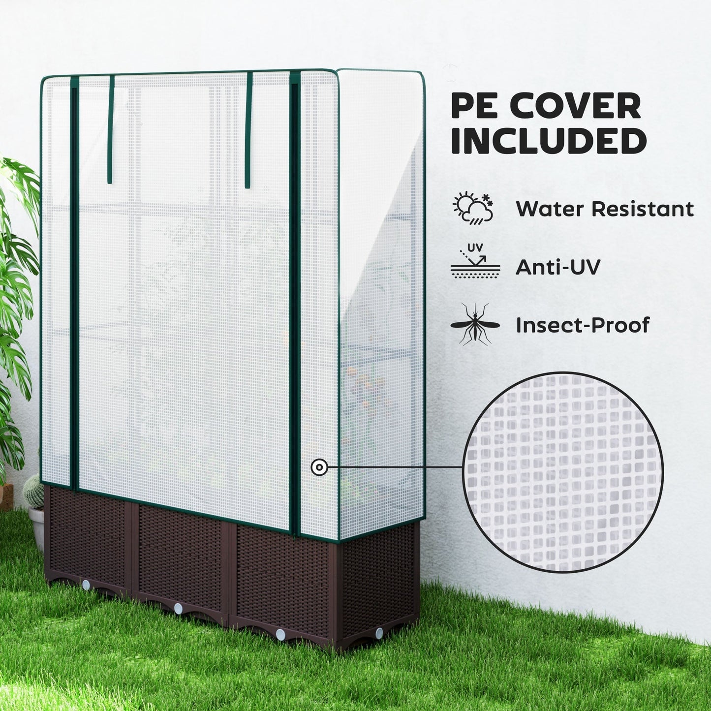 Outsunny Raised Garden Bed with Trellis, Plastic Planter Box with PE Cover, Drainage Holes, Drain Plugs and Water Reservoirs for Climbing Plants, Vegetables, Flowers, 120 x 40 x 140 cm