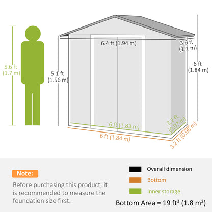 Outsunny 6,5x3,5ft Metalowy domek ogrodowy do przechowywania narzędzi na zewnątrz z podwójnymi drzwiami przesuwnymi i 4 otworami wentylacyjnymi, ciemnoszary