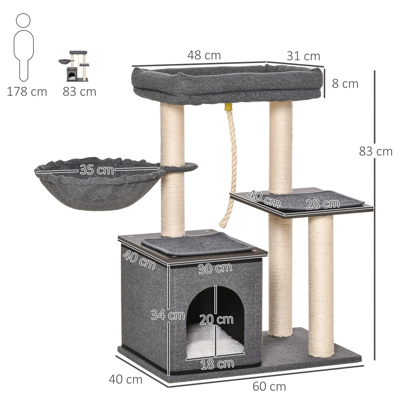 PawHut Cat Tree Tower for Indoor Cats Climbing Activity Center Kitten Furniture with Sisal Scratching Post Bed Condo Perch Teasing Rope 60 x 40 x 83cm Dark Grey