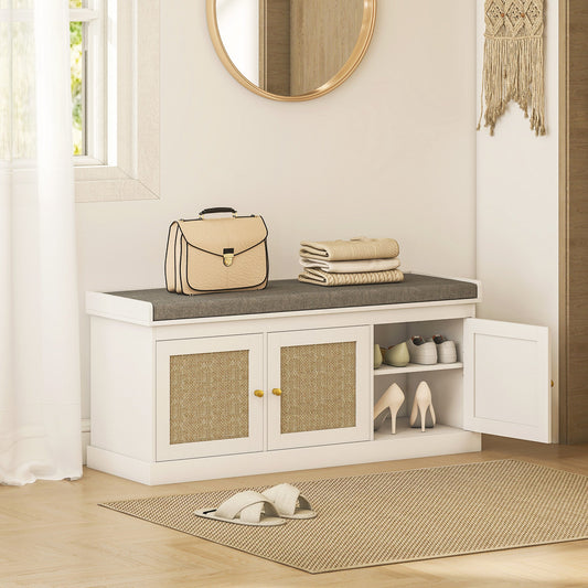 HOMCOM Shoe Storage Bench with Woven Rattan Doors, Seat - White