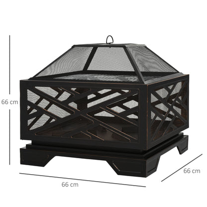 Outsunny 66cm 2 in 1 Square Fire Pit Metal Brazier for Garden, Patio with BBQ Grill Shelf & Spark Screen Cover & Poker, Black