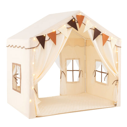3-4 Kids Large Play Tent House with 2 Opening Doors  Star Lights and Plaid Pennants-Beige