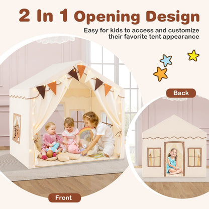 3-4 Kids Large Play Tent House with 2 Opening Doors  Star Lights and Plaid Pennants-Beige