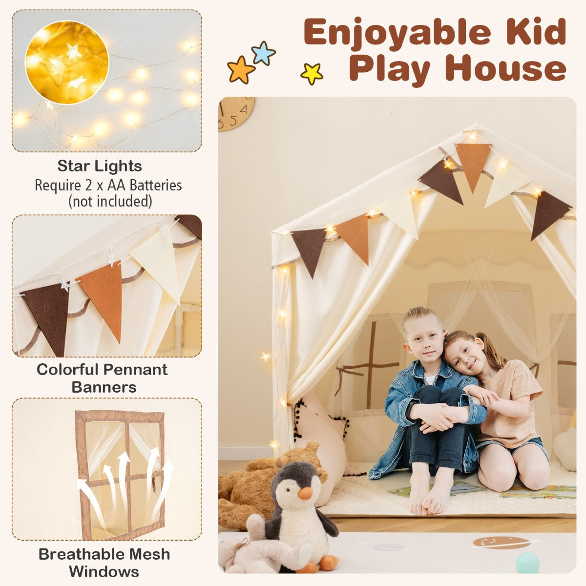 3-4 Kids Large Play Tent House with 2 Opening Doors  Star Lights and Plaid Pennants-Beige