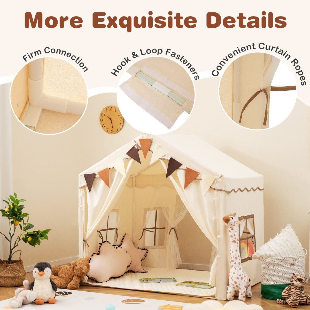 3-4 Kids Large Play Tent House with 2 Opening Doors  Star Lights and Plaid Pennants-Beige